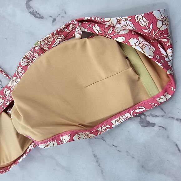 J Crew Swim Top 2X Pink Floral Bandeau Bikini Tie Back String Ring Halter BH555 - Picture 7 of 10